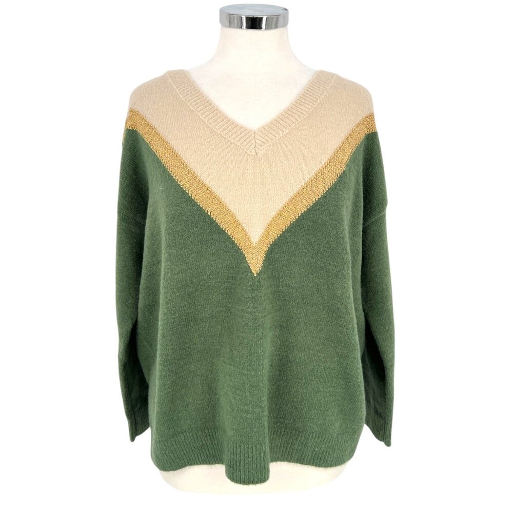 Aaron & Amber Chevron V-Neck Sweater Beige Gold Green Size Medium